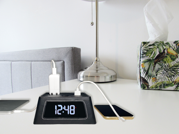 Power Hub Ultra Clock with black leatherette cover.  A charging and power hub that fits the bill for hotels, vacation rentals and general home use.