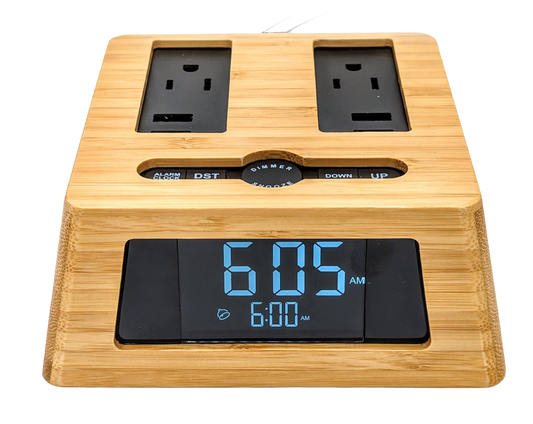 Power Hub Ultra Clock with bamboo cover.  A charging and power hub that fits the bill for hotels, vacation rentals and general home use.